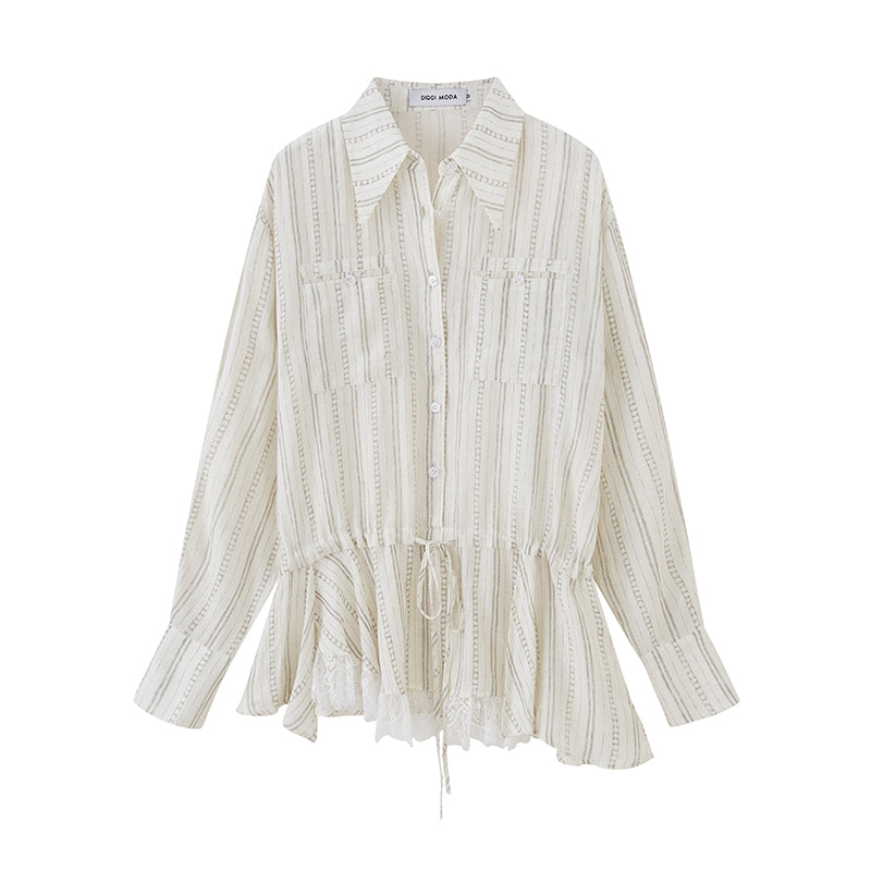 Striped Shirt With Waist Tie And Elongated Collar