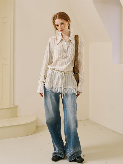 Striped Shirt With Waist Tie And Elongated Collar