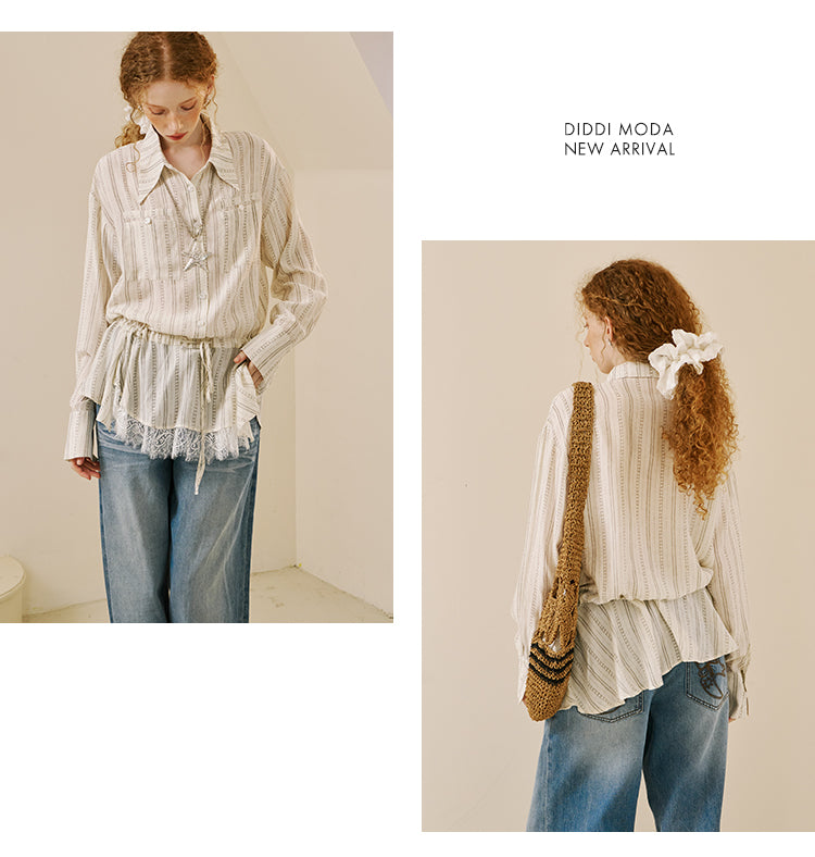 Striped Shirt With Waist Tie And Elongated Collar