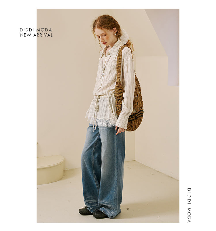 Striped Shirt With Waist Tie And Elongated Collar