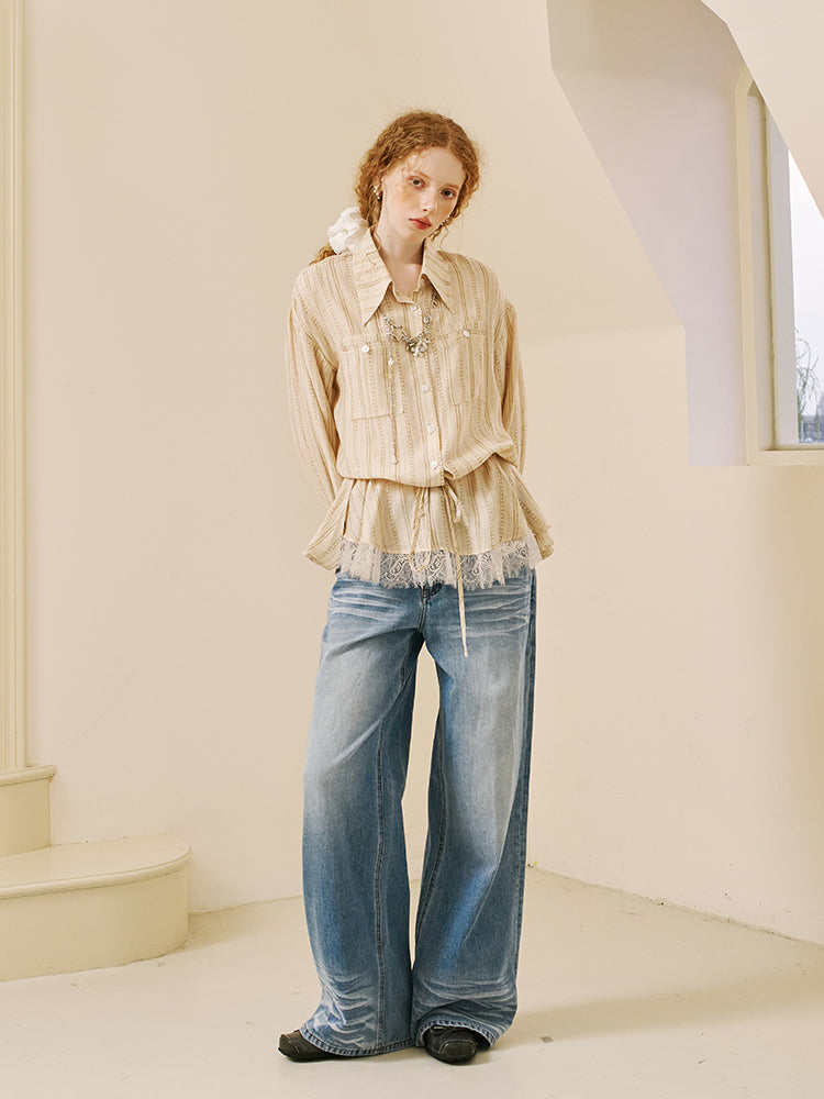 Striped Shirt With Waist Tie And Elongated Collar