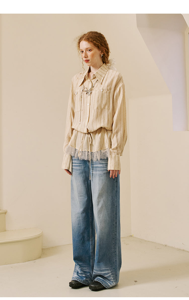 Striped Shirt With Waist Tie And Elongated Collar