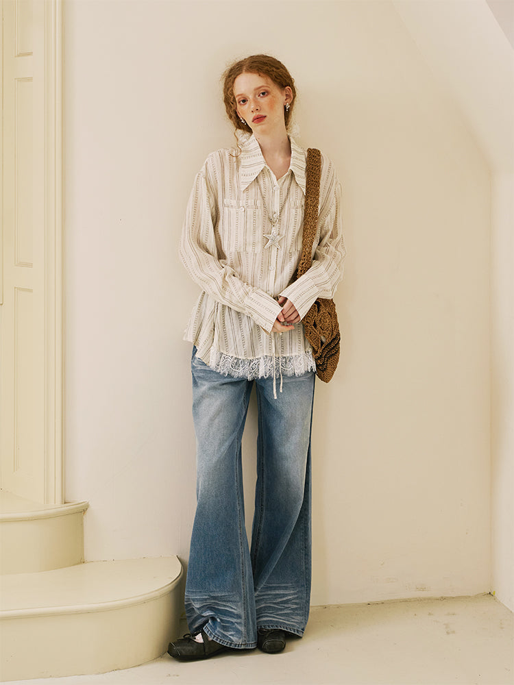 Striped Shirt With Waist Tie And Elongated Collar