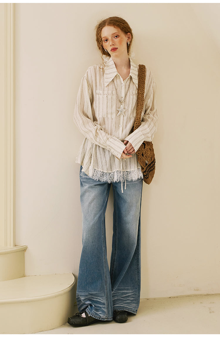 Striped Shirt With Waist Tie And Elongated Collar
