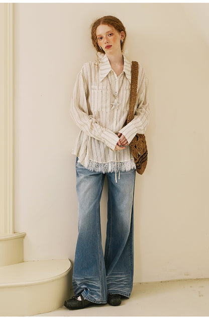 Striped Shirt With Waist Tie And Elongated Collar