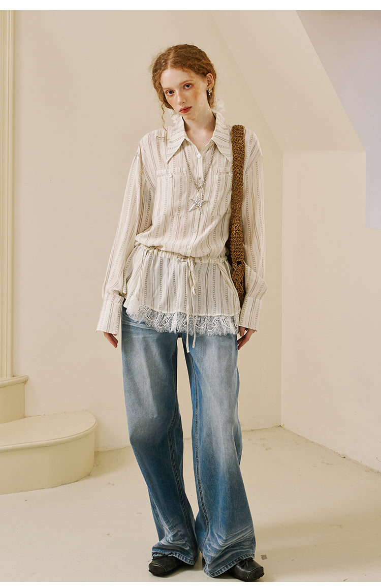Striped Shirt With Waist Tie And Elongated Collar