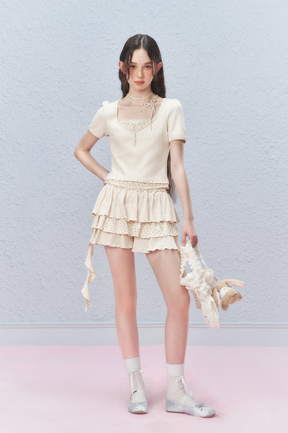 Floral Pointelle Puff-Sleeve T-Shirt