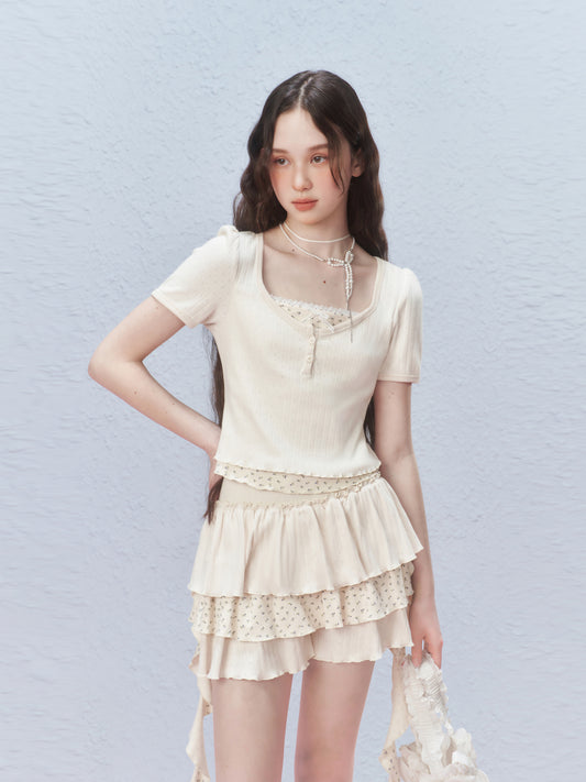 Floral Pointelle Puff-Sleeve T-Shirt