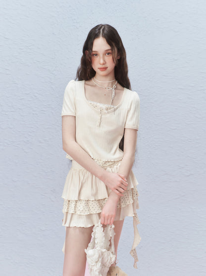Floral Pointelle Puff-Sleeve T-Shirt