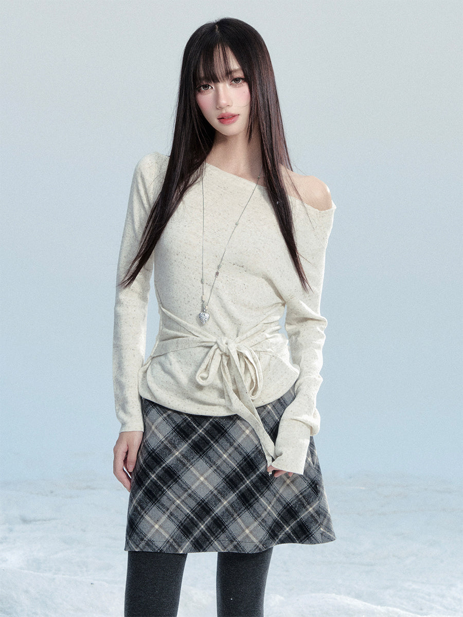 One-Shoulder Tie-Waist Knit Top