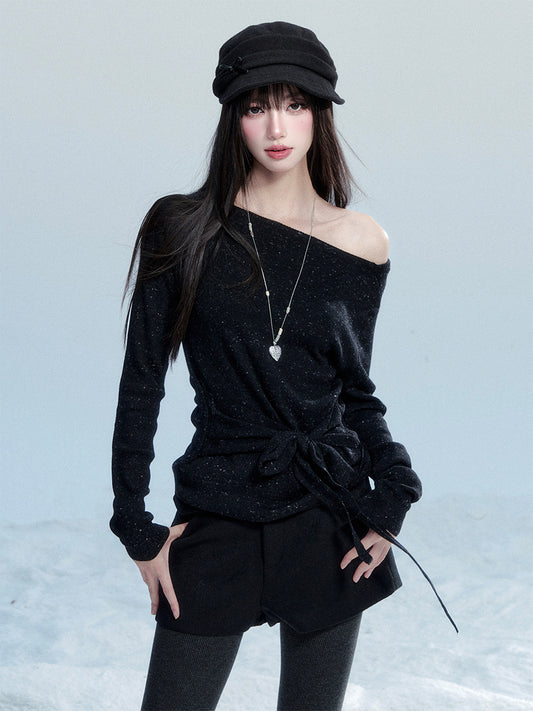 One-Shoulder Tie-Waist Knit Top