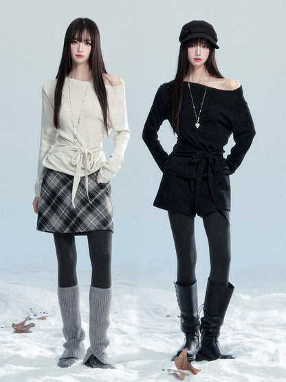 One-Shoulder Tie-Waist Knit Top