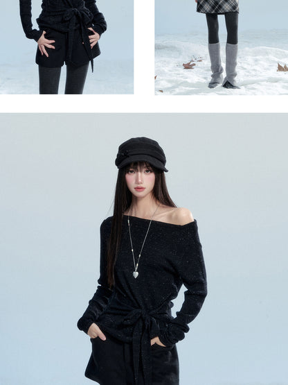 One-Shoulder Tie-Waist Knit Top