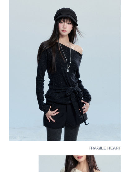 One-Shoulder Tie-Waist Knit Top