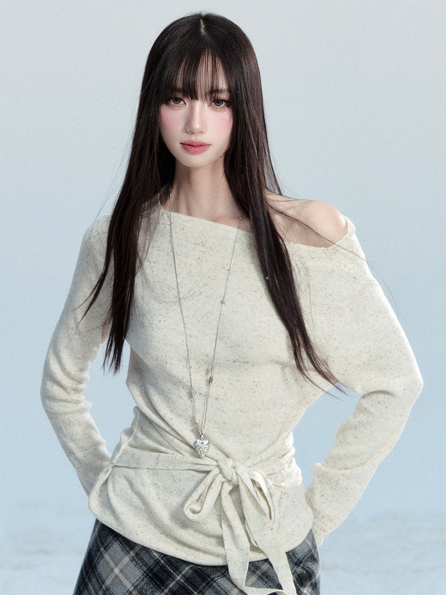 One-Shoulder Tie-Waist Knit Top