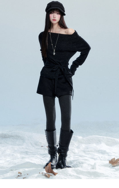 One-Shoulder Tie-Waist Knit Top