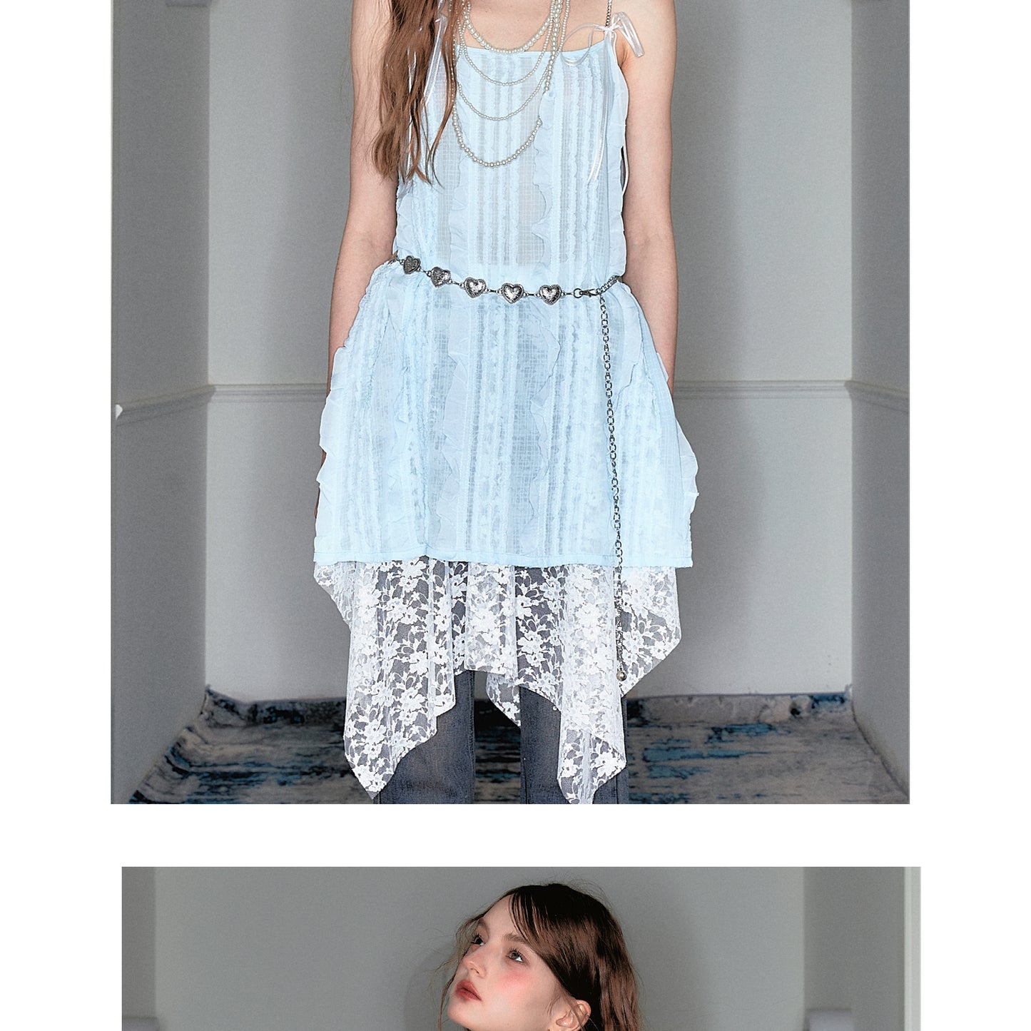 Ruffle Stripe Sheer Cami Top And Heart Chain Belt