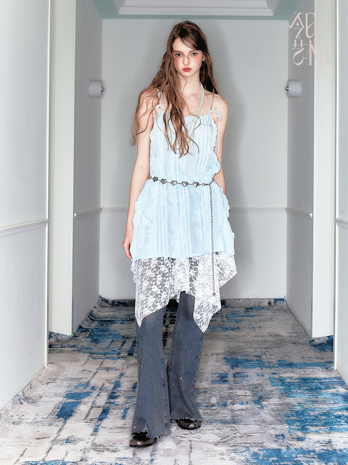 Ruffle Stripe Sheer Cami Top And Heart Chain Belt
