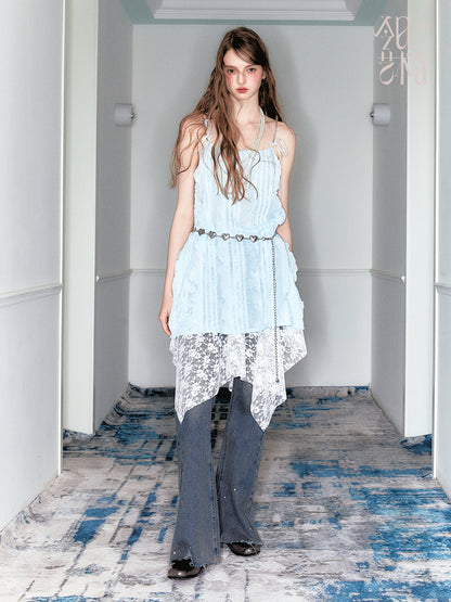 Ruffle Stripe Sheer Cami Top And Heart Chain Belt
