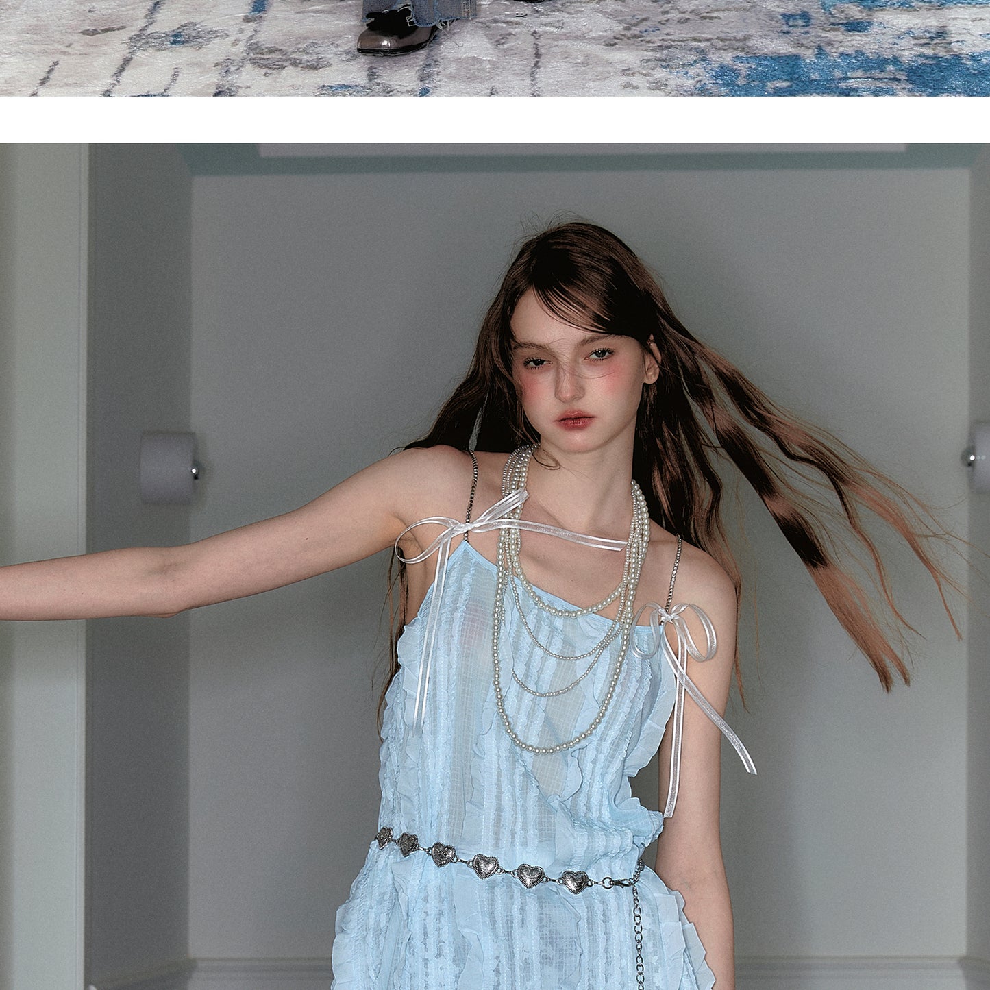 Ruffle Stripe Sheer Cami Top And Heart Chain Belt