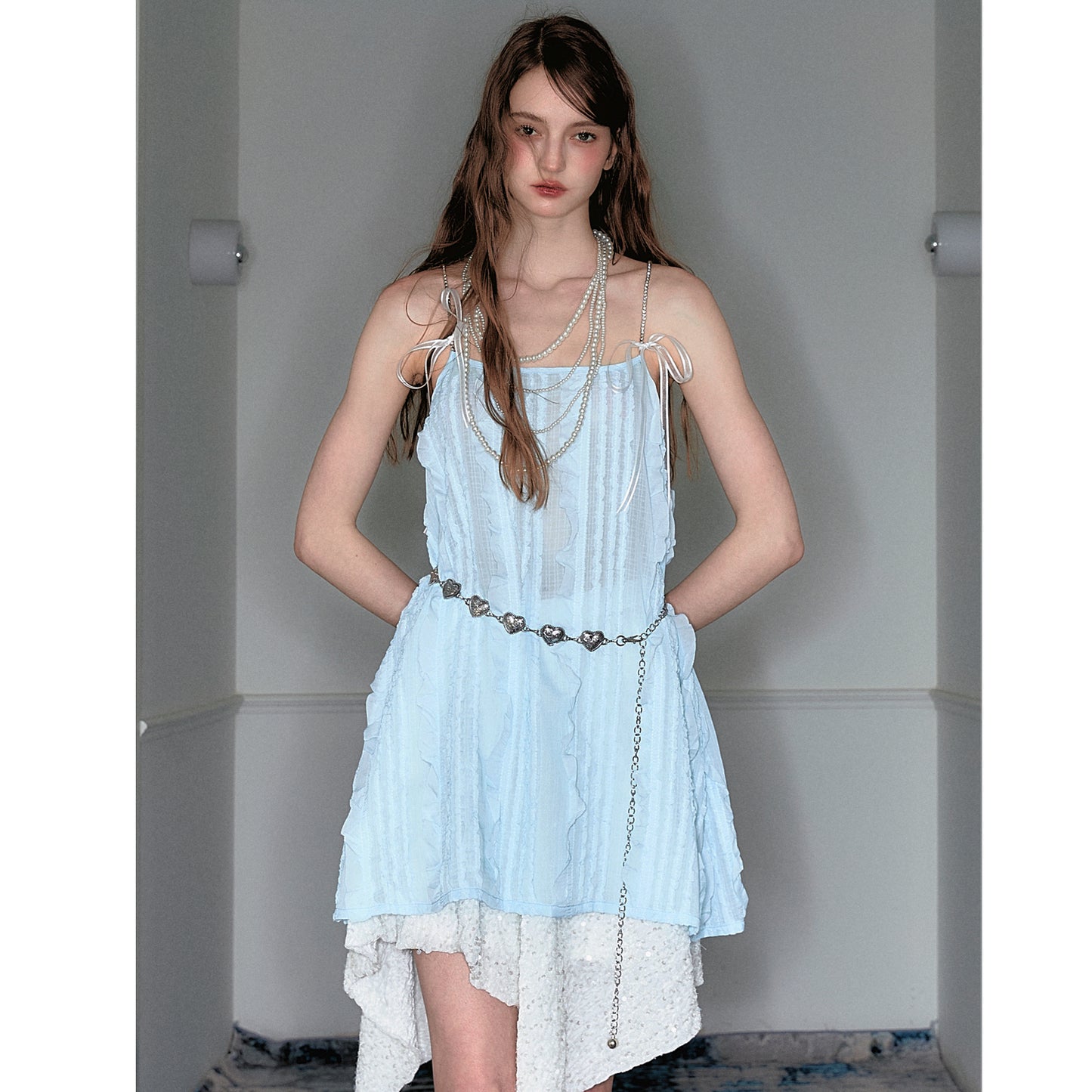 Ruffle Stripe Sheer Cami Top And Heart Chain Belt