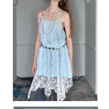 Ruffle Stripe Sheer Cami Top And Heart Chain Belt