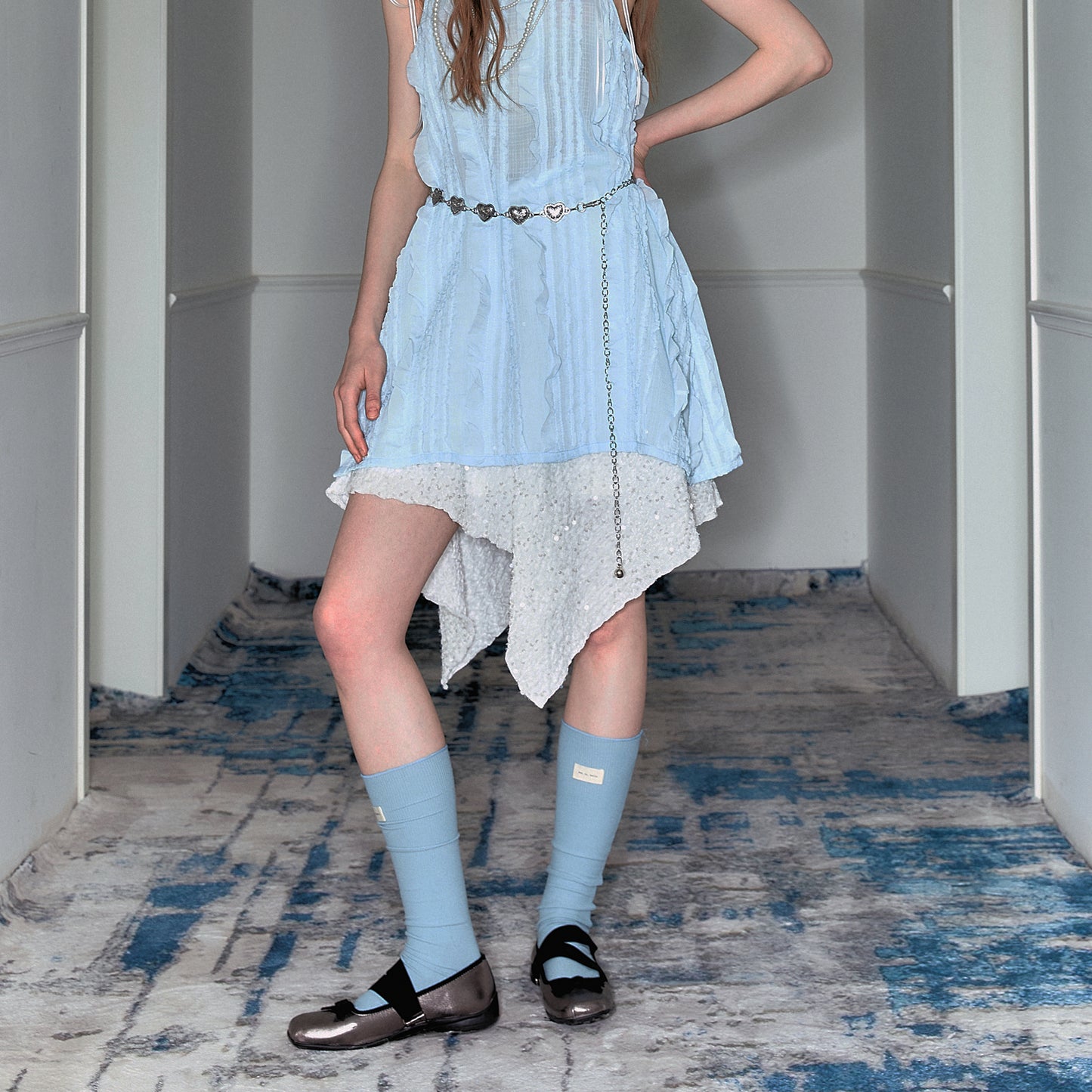 Ruffle Stripe Sheer Cami Top And Heart Chain Belt