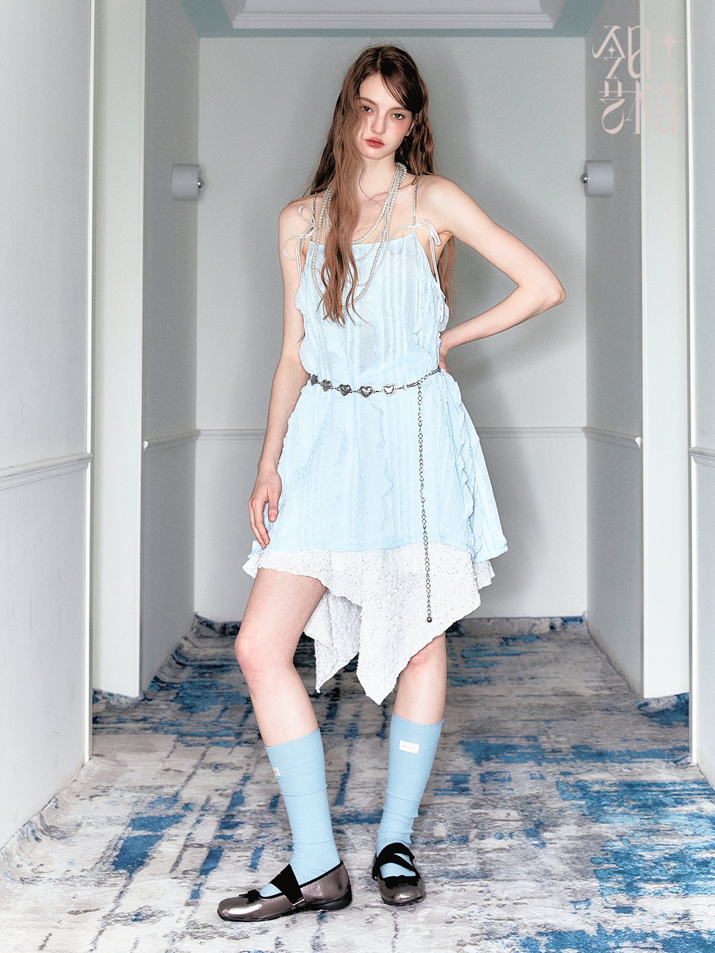 Ruffle Stripe Sheer Cami Top And Heart Chain Belt