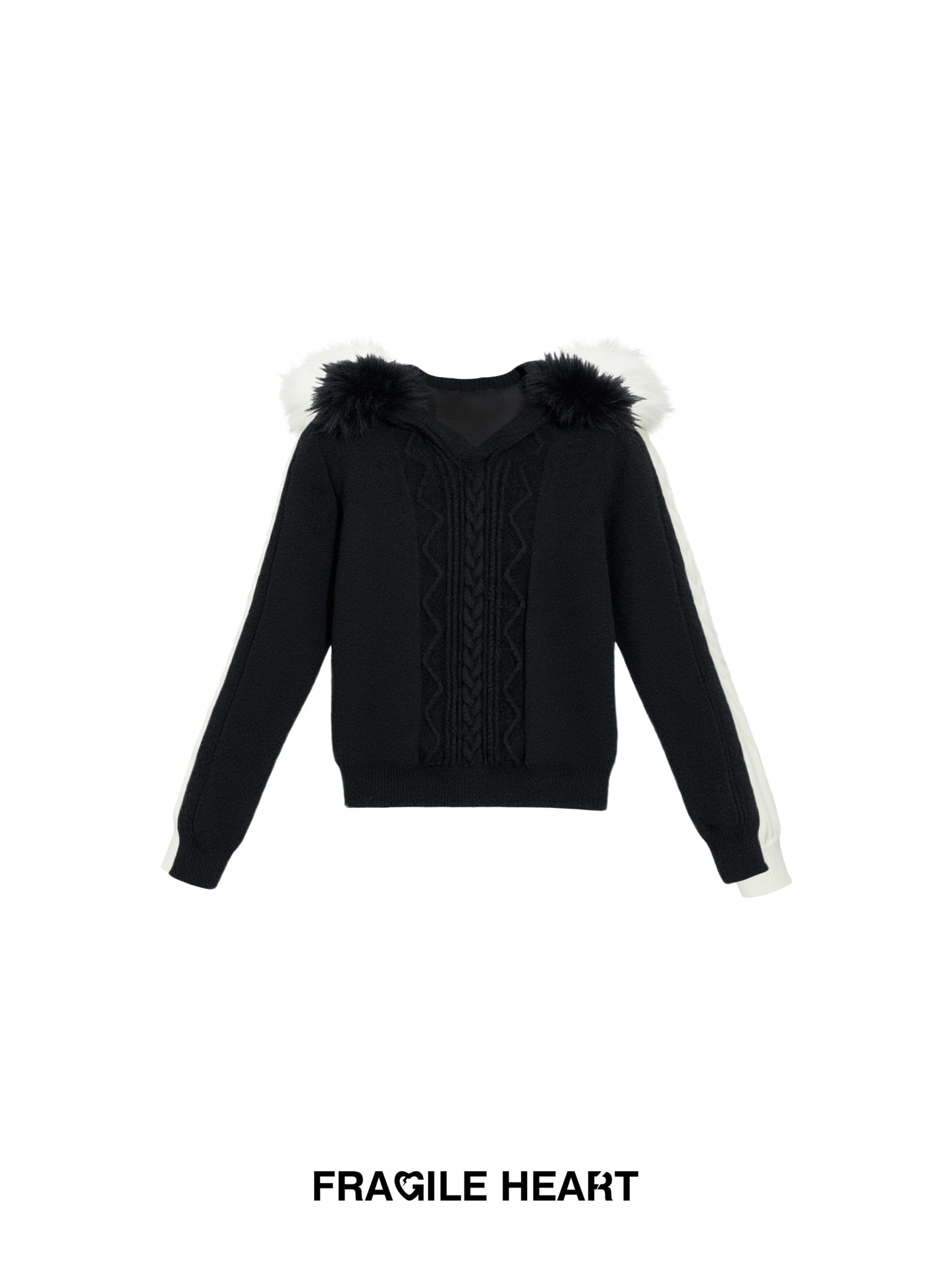 Cable-Knit Hooded Sweater With Detachable Fur Trim
