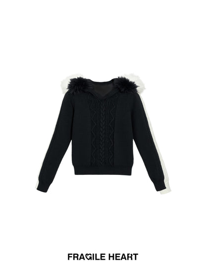 Cable-Knit Hooded Sweater With Detachable Fur Trim