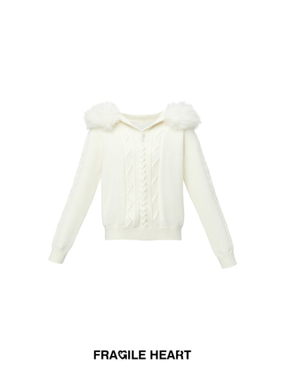 Cable-Knit Hooded Sweater With Detachable Fur Trim