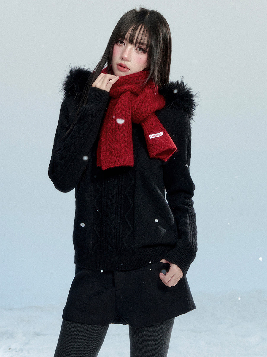 Cable-Knit Hooded Sweater With Detachable Fur Trim