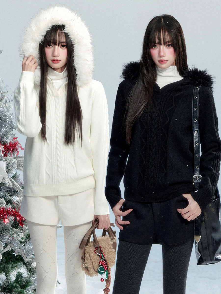 Cable-Knit Hooded Sweater With Detachable Fur Trim