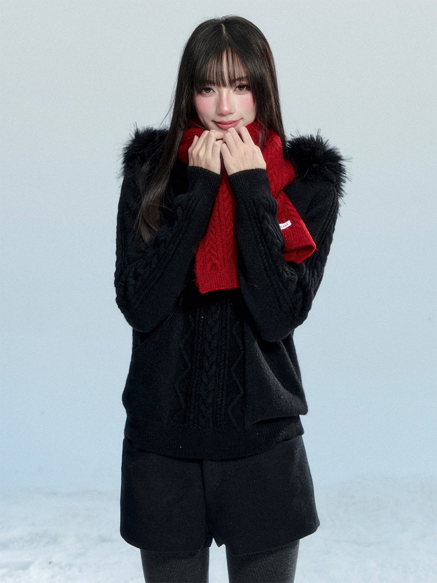 Cable-Knit Hooded Sweater With Detachable Fur Trim