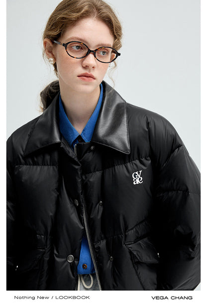 Faux Leather Collar Water-Resistant Puffer Jacket