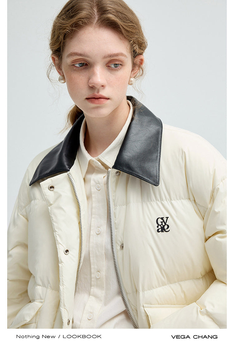 Faux Leather Collar Water-Resistant Puffer Jacket