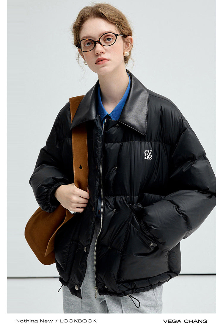 Faux Leather Collar Water-Resistant Puffer Jacket