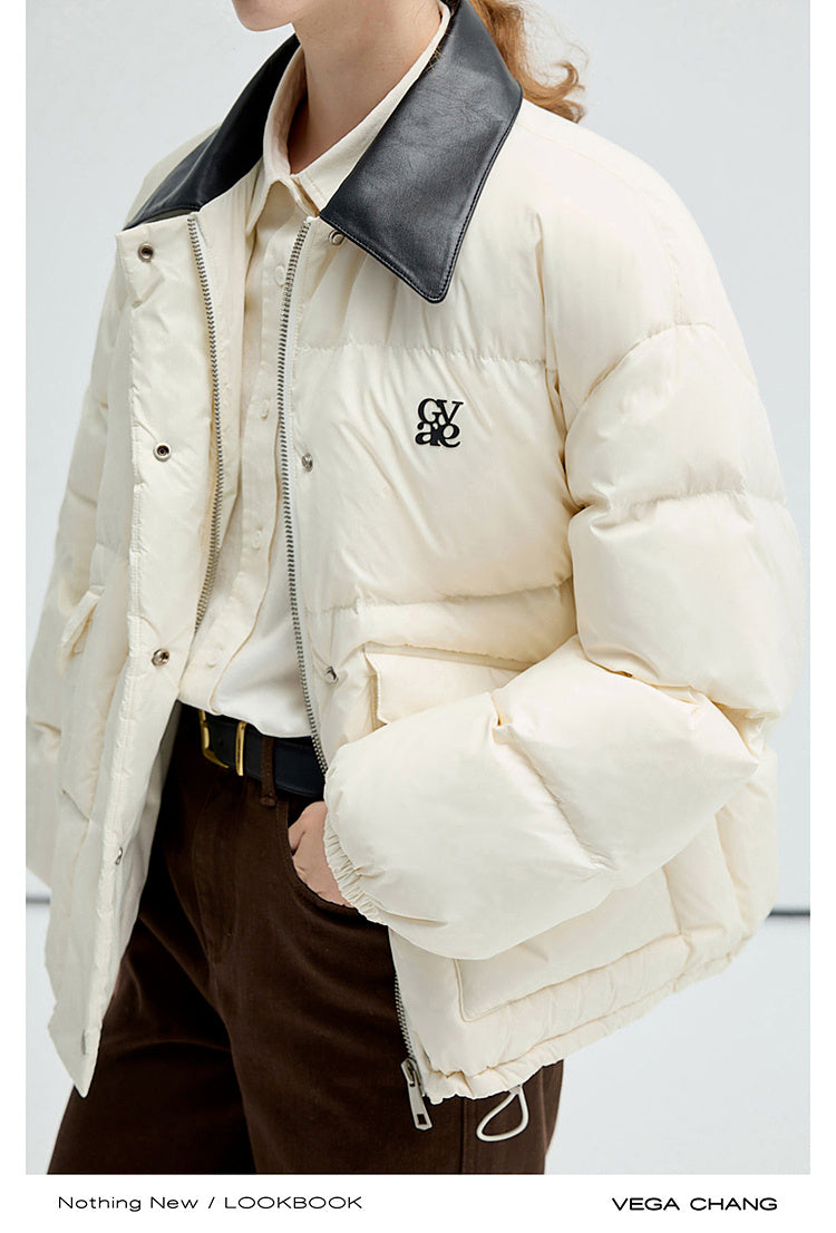 Faux Leather Collar Water-Resistant Puffer Jacket