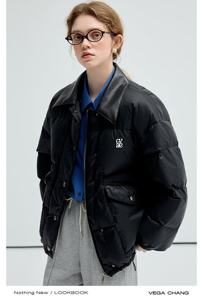 Faux Leather Collar Water-Resistant Puffer Jacket