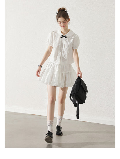 Peter Pan Collar Pintuck Blouse With Lace Details