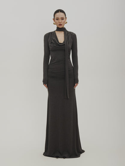 Slim Fit Floor-Length Draped Fluid Dress With Scarf