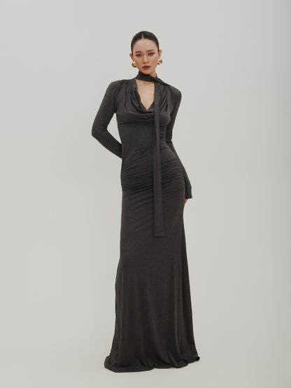 Slim Fit Floor-Length Draped Fluid Dress With Scarf