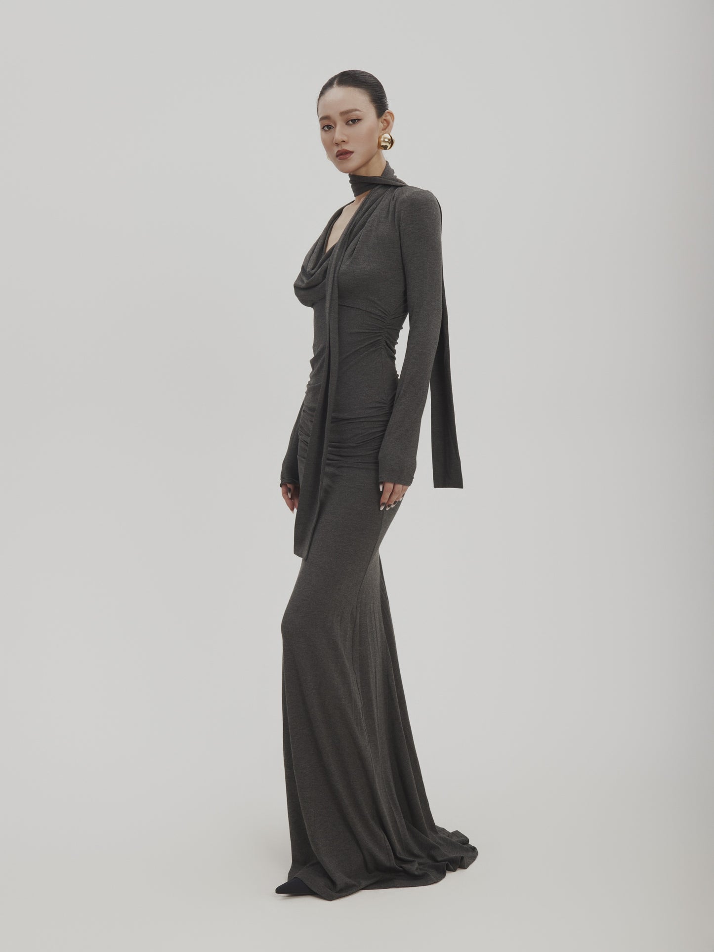 Slim Fit Floor-Length Draped Fluid Dress With Scarf