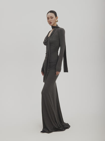 Slim Fit Floor-Length Draped Fluid Dress With Scarf