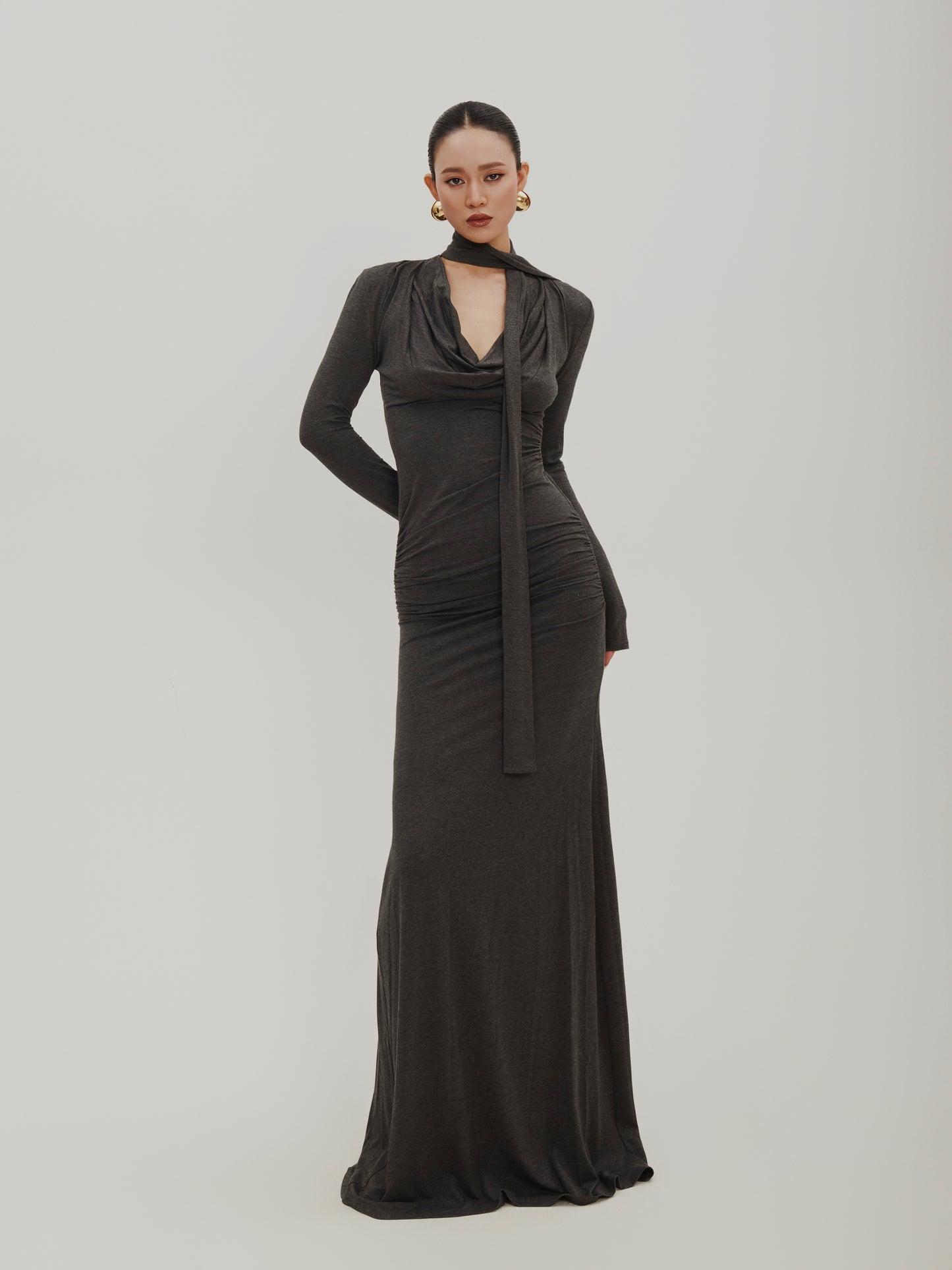 Slim Fit Floor-Length Draped Fluid Dress With Scarf