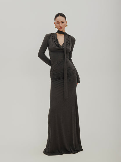 Slim Fit Floor-Length Draped Fluid Dress With Scarf