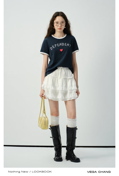 Letter Print Contrast-Trim T-Shirt