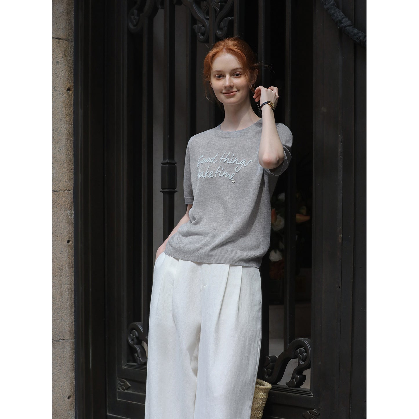 Short-Sleeve Knit Top With Letter Embroidery