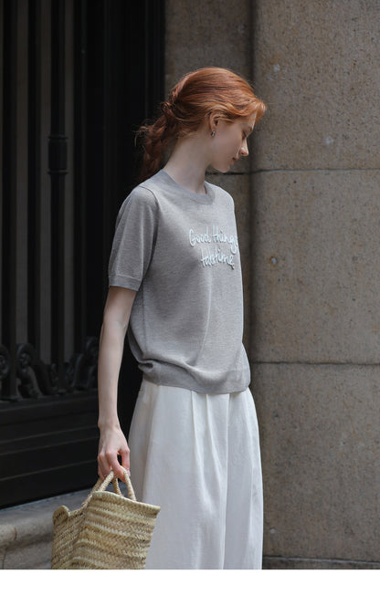 Short-Sleeve Knit Top With Letter Embroidery