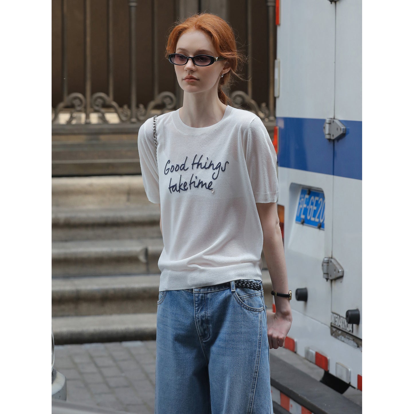 Short-Sleeve Knit Top With Letter Embroidery